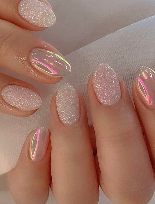 M Short V-shaped Aurora Glitter Press on Nails