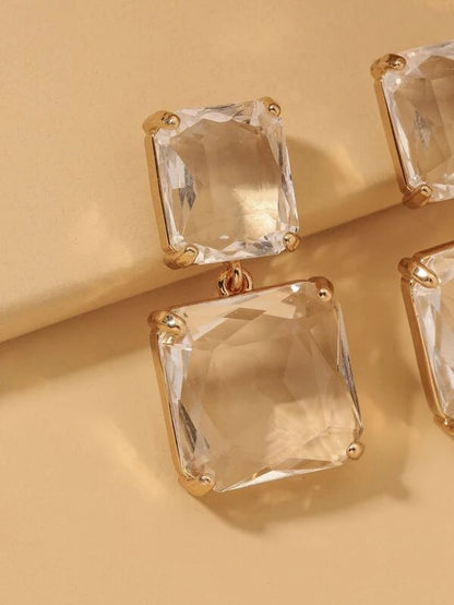 Clear Square Charm Drop Earrings