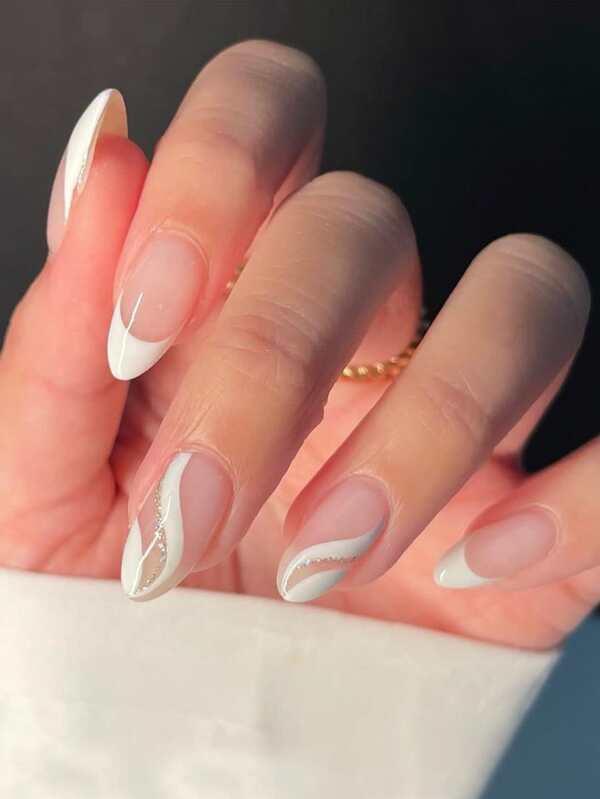 White French Glitter Stripes Oval Press on Nails