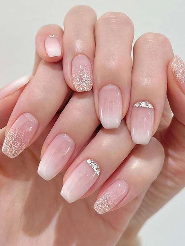 Coffin Pink Ombre Glitter Rhinestone Press on Nails