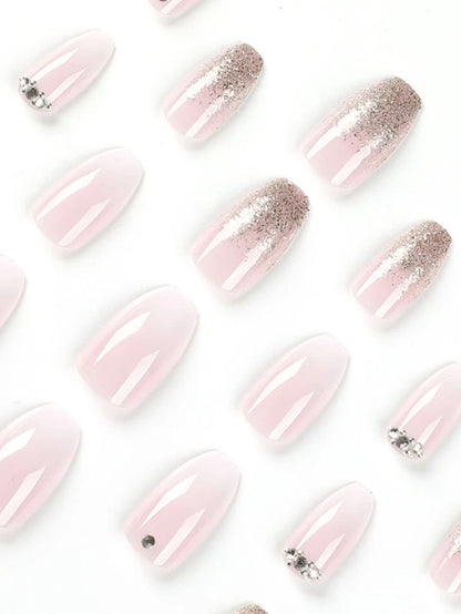 Coffin Pink Ombre Glitter Rhinestone Press on Nails