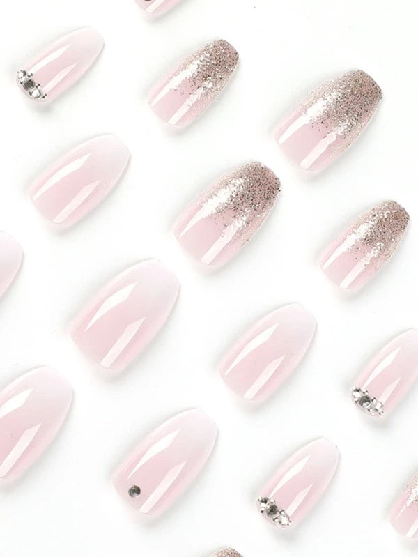 Coffin Pink Ombre Glitter Rhinestone Press on Nails