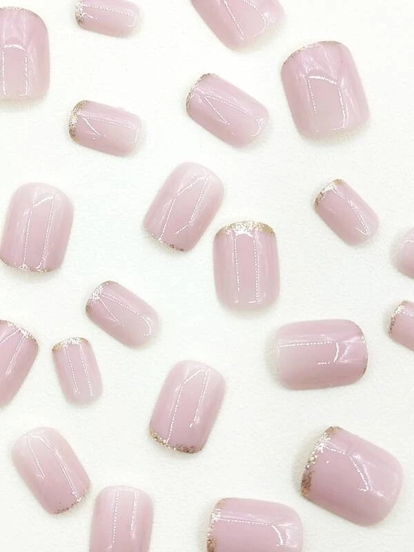 Short Square Nude French Golden Edge Glitter Press on Nails ...