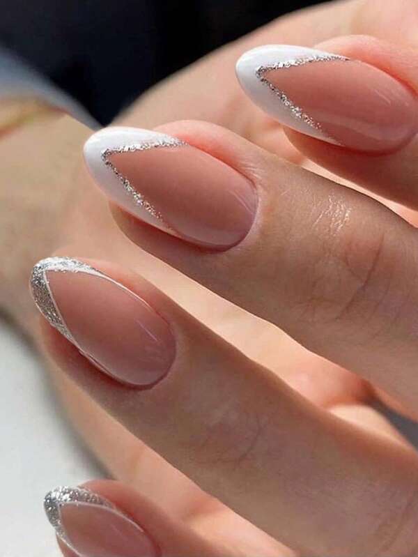 Short Oval White French Glitter Press on Nails