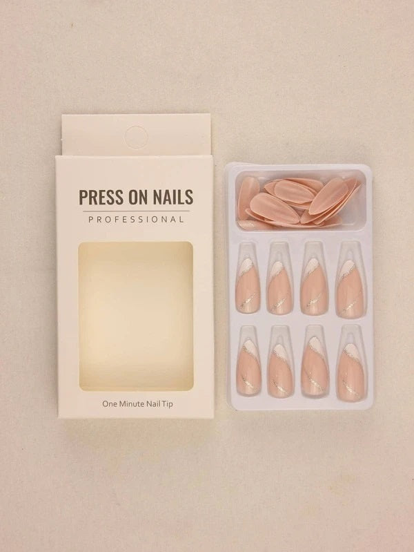 Almond Shaped French Style Glitter Lines Press on Nails