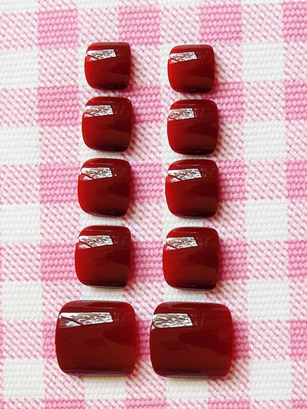 Short Square Solid Rose Red Toe Press on Nails