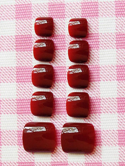 Short Square Solid Rose Red Toe Press on Nails