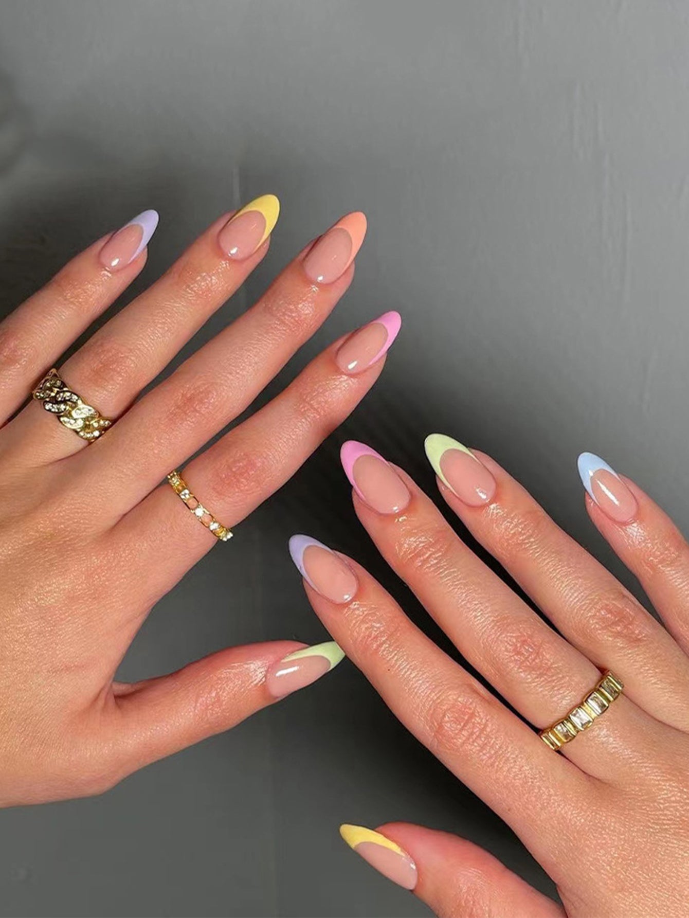 Short oval French style Rainbow color Press on Nails