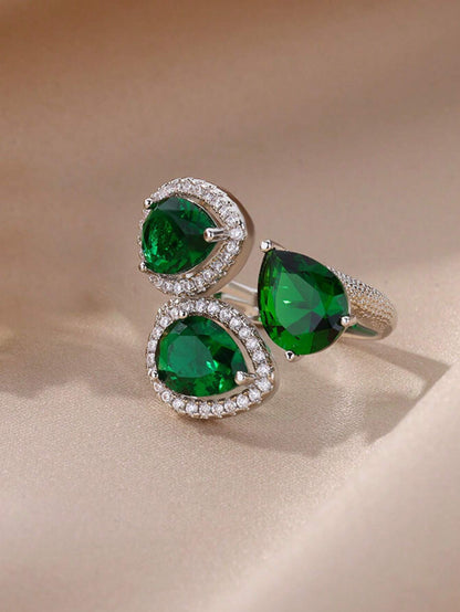 Green Waterdrop Shaped Cubic Zirconia Open Ring