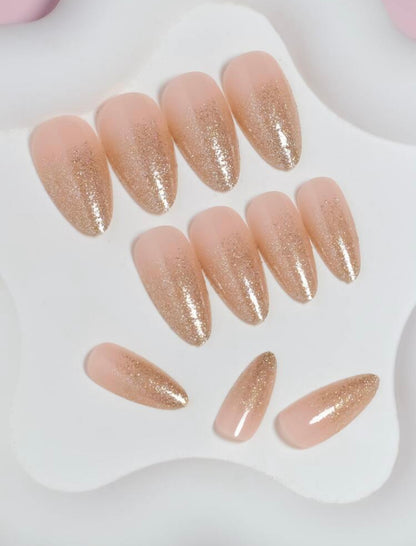 Long Almond Nude Base with Gold Glitter Press on Nails