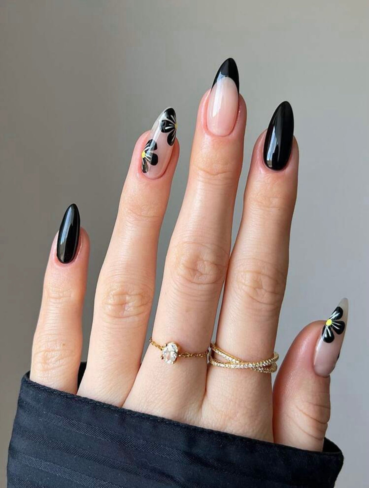 Medium long Almond Shaped Black French and Daisy Pattern Press on Nails