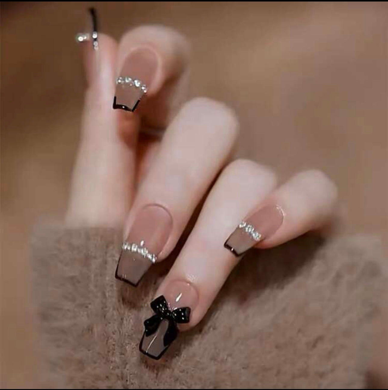 Long T-shaped Black French 3D Bow Press on Nails