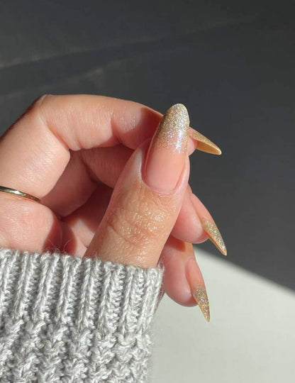 Long Almond Nude Base with Gold Glitter Press on Nails