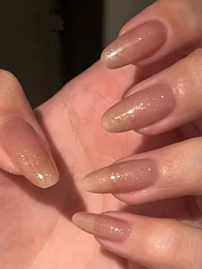 Long Pointed Nude Sparkly Glitter Press on Nails