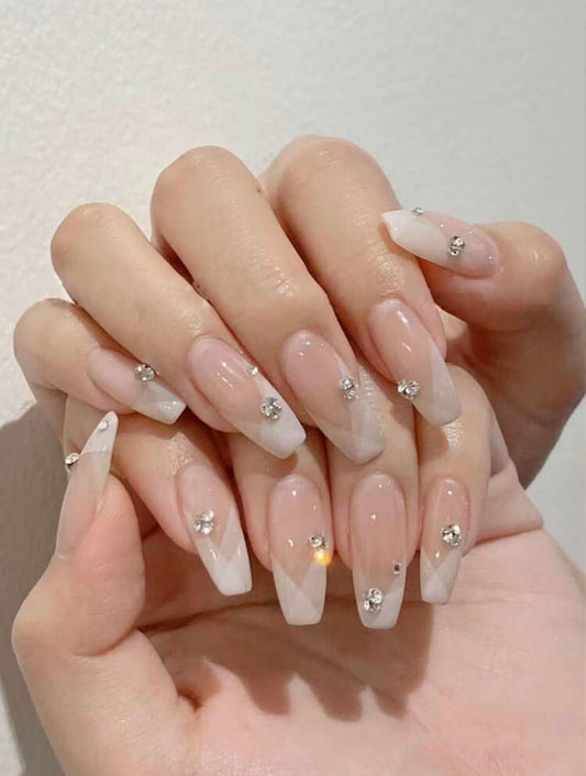 Long Coffin White French Rhinestone Press on Nails