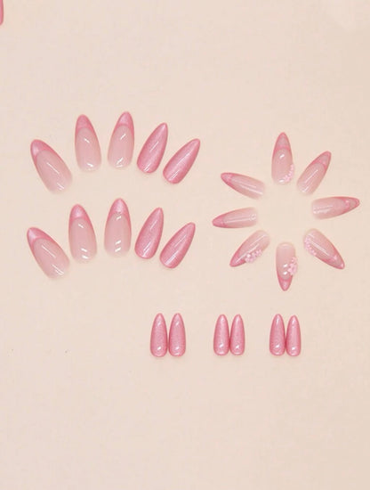 French Style Pink Cat Eye & Small Flower Design Press on Nails