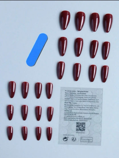 Long Almond Solid Deep Maroon Press on Nails