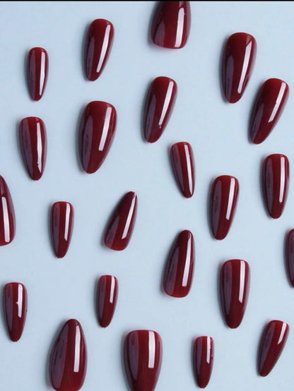 Long Almond Solid Deep Maroon Press on Nails