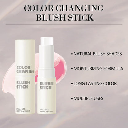 Transparent Color changing Blush Stick for Cheeks & Lips, Dewy Finish Natural Pink Cream Blusher