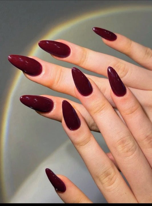 Long Almond Solid Deep Maroon Press on Nails