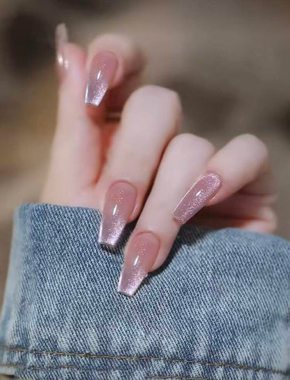 Premium Long coffin-shaped light pink cat eyes press on nails