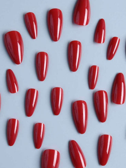 Long Almond Shape Bright Red False Press on Nails