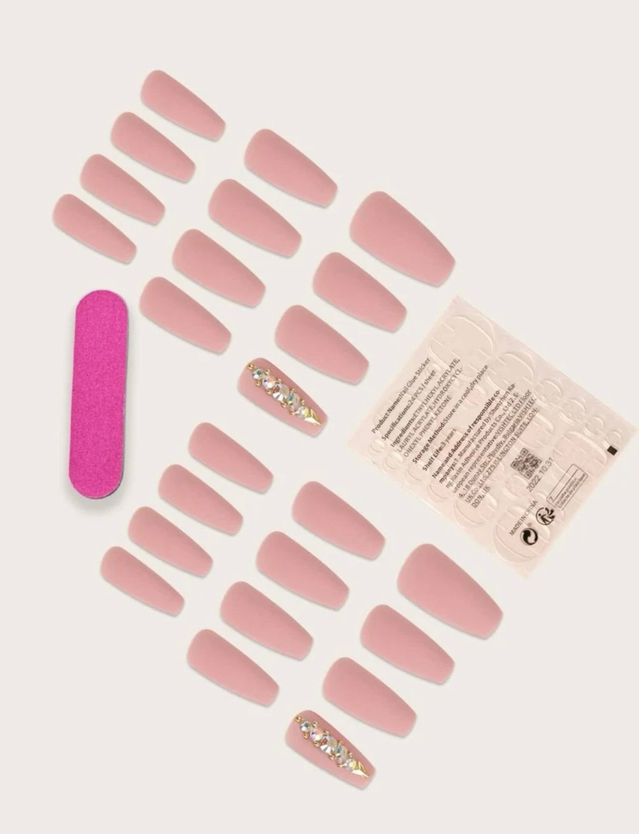 Long Coffin Pink Pure Color Matte Rhinestone Press on Nails