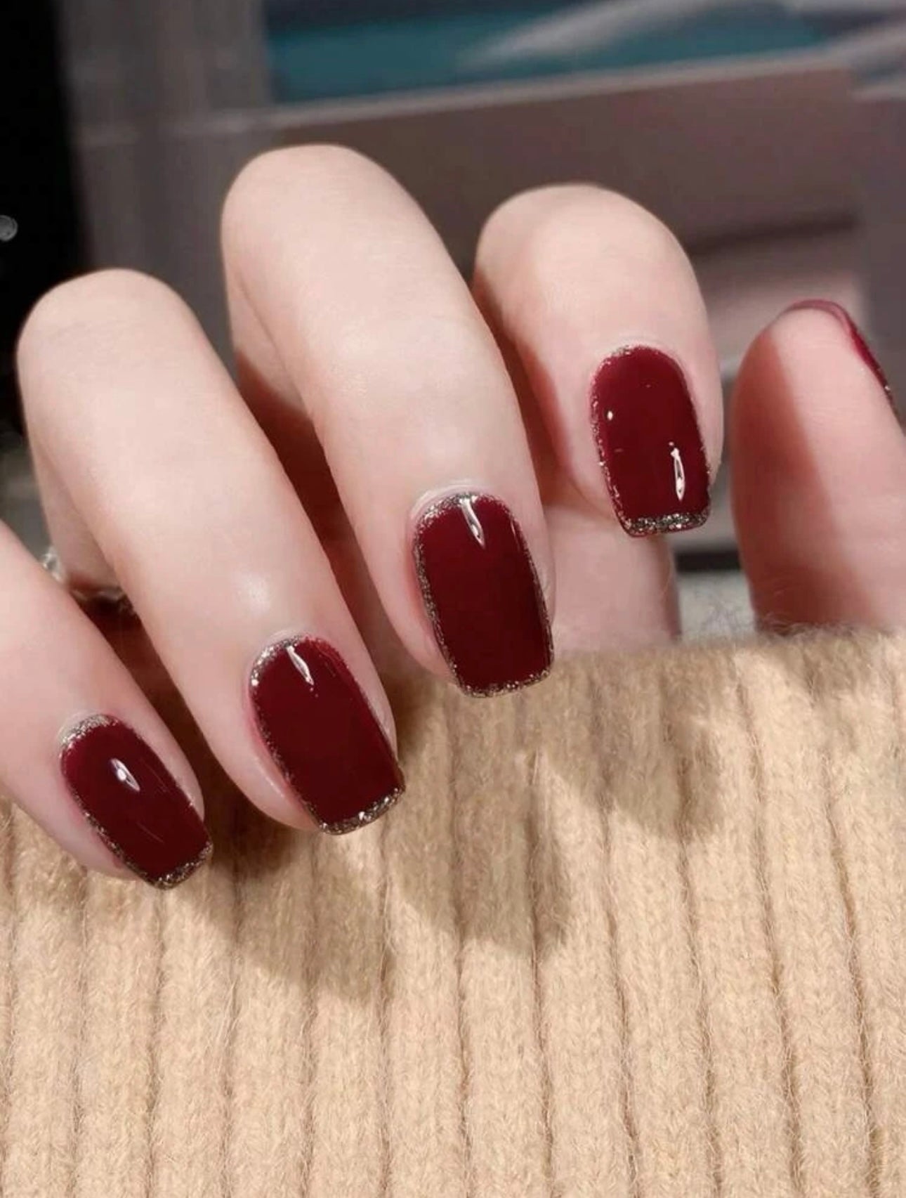 Short Square Wine Red Silver Glitter Press on Nails