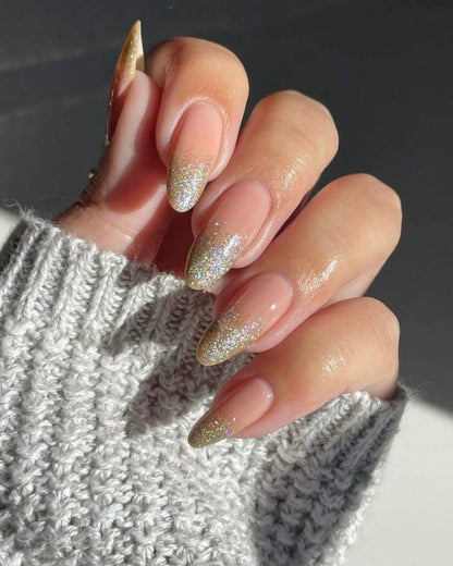 Long Almond Nude Base with Gold Glitter Press on Nails