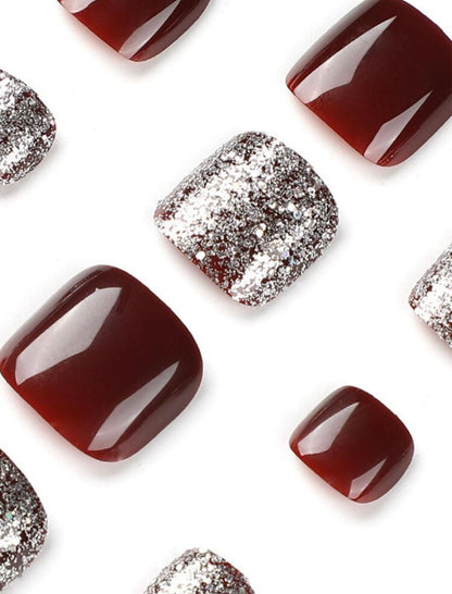 Short Square Burgundy Glittered Press-on Nails