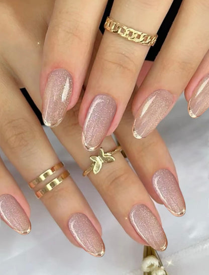 Short Oval Shape Glitter Gold Edge Nails