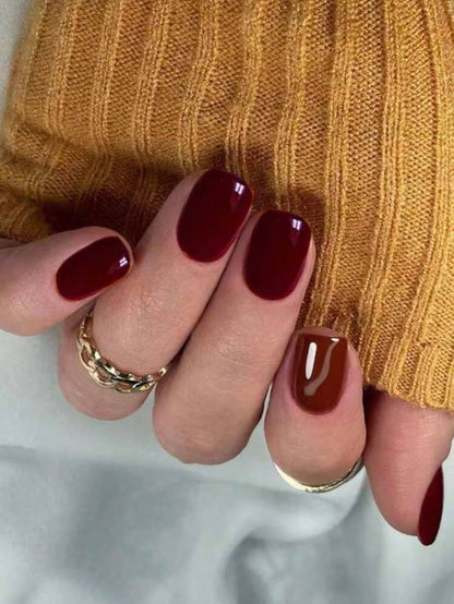 Wine Red Solid Color Short Square Press On Nails