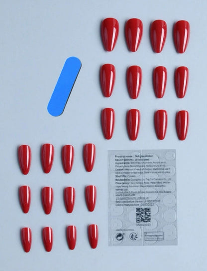 Long Almond Shape Bright Red False Press on Nails