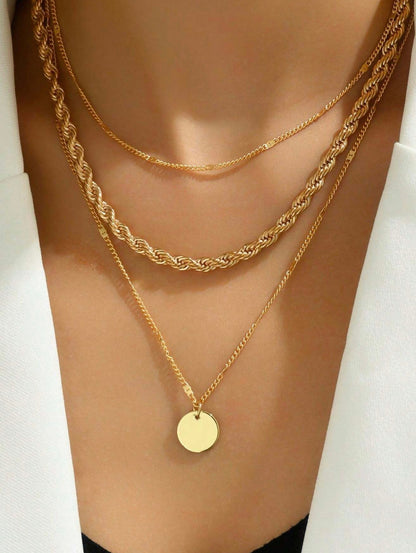 2pcs/set Multi-layer Necklace With Round Pendant, Twisted Rope And Link Chain.