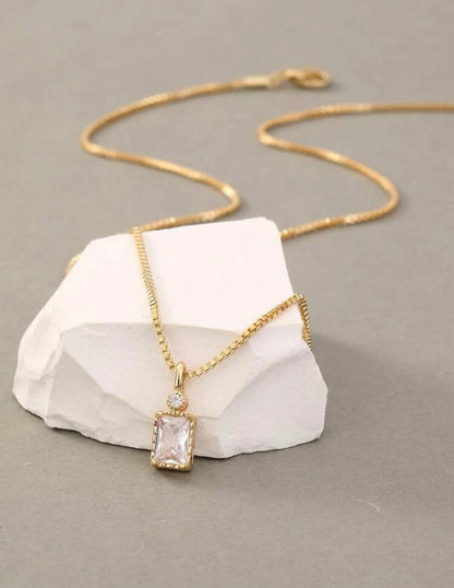 2pcs Women's Small Square Pendant Copper Zircon Necklace