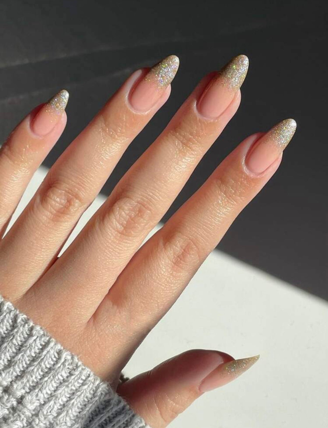 Long Almond Nude Base with Gold Glitter Press on Nails