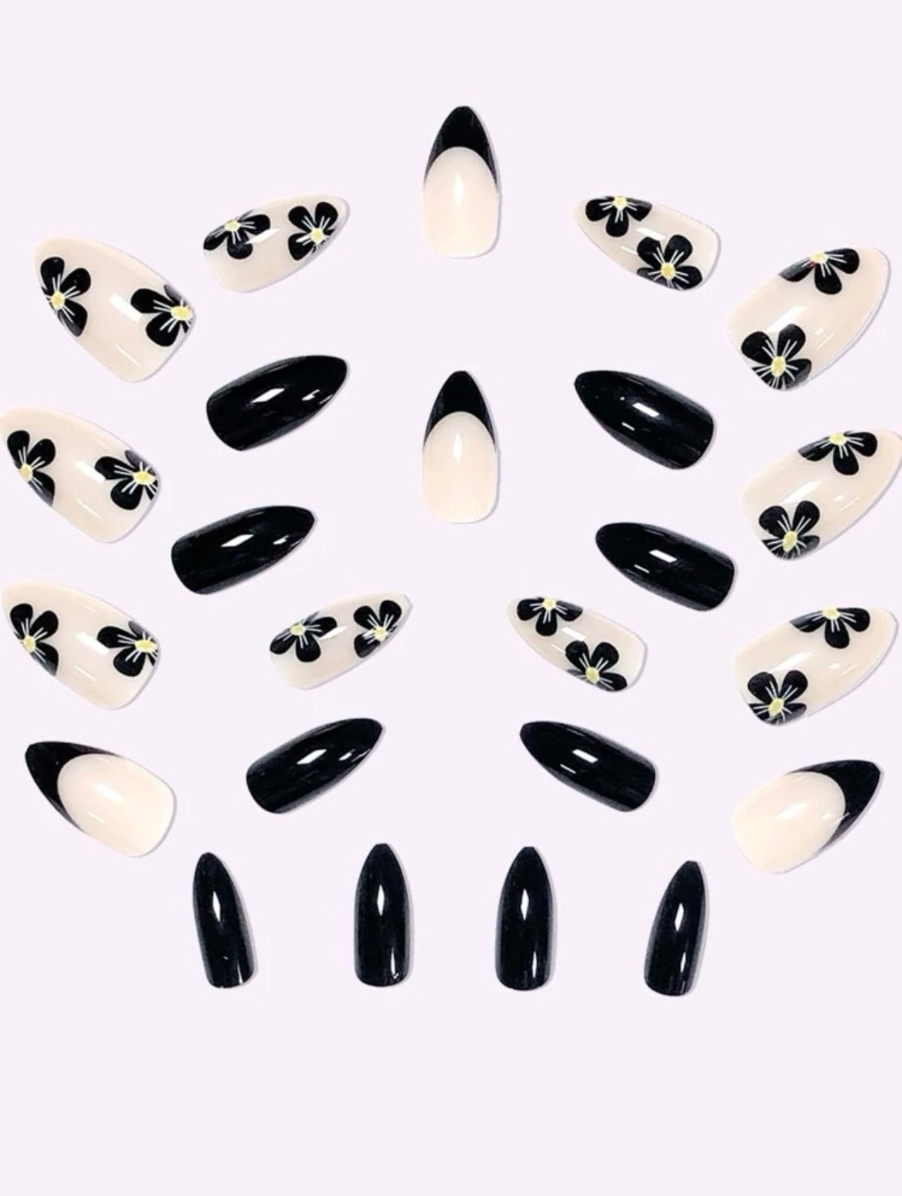 Medium long Almond Shaped Black French and Daisy Pattern Press on Nails