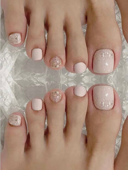 Short Square Nude Glitter Toe Press on Nails