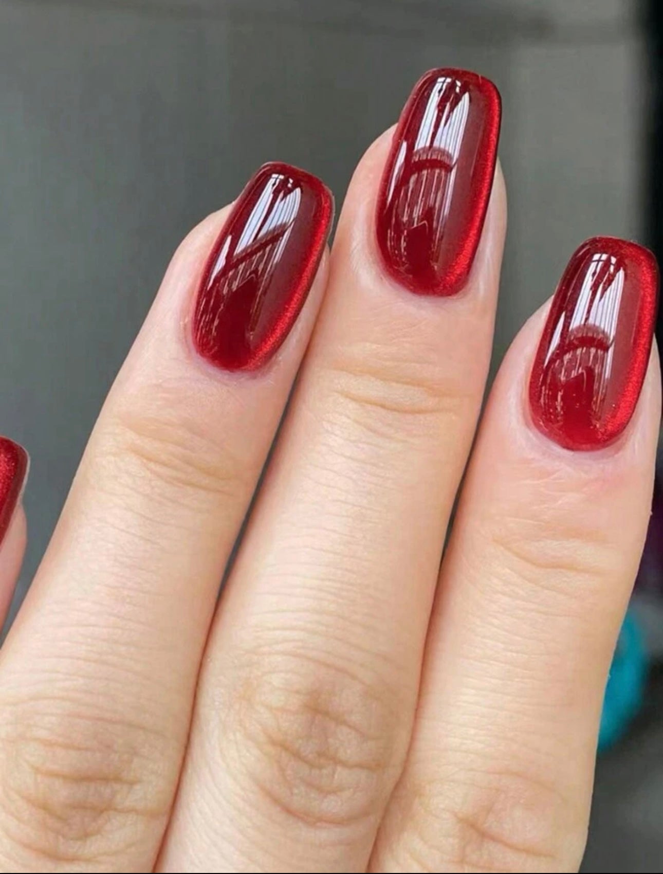 Blood Red Square Shaped Cat Eye Press on Nails