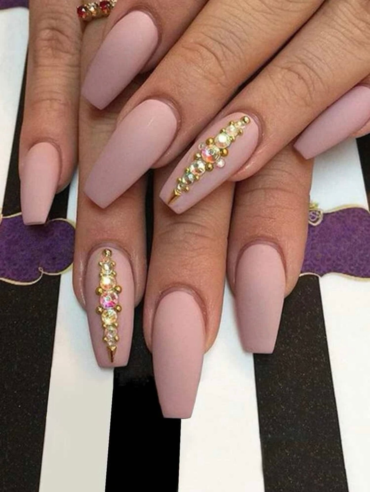 Long Coffin Pink Pure Color Matte Rhinestone Press on Nails