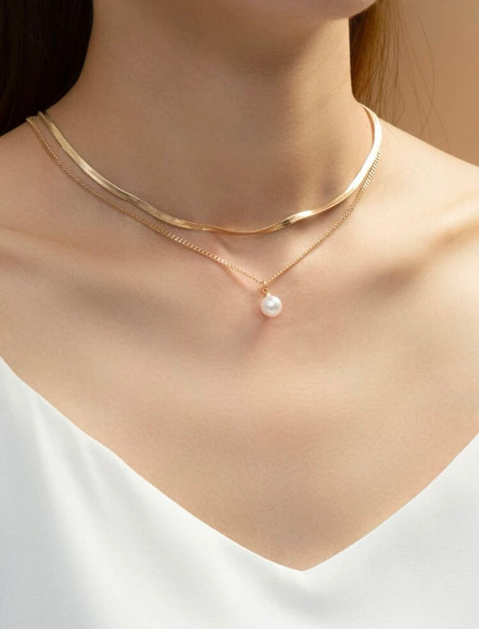 1pc Elegant & Fashionable Stainless Steel Double Layered Pearl Necklace