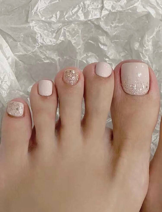 Short Square Nude Glitter Toe Press on Nails