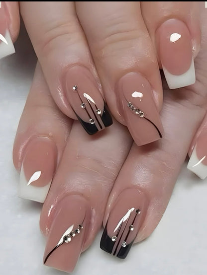 Semi Sheer Nude Rhinestones Square French Press on Nails