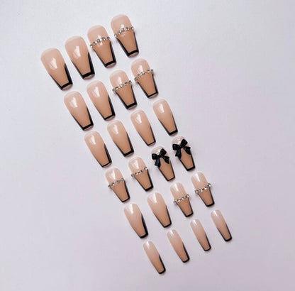 Long T-shaped Black French 3D Bow Press on Nails