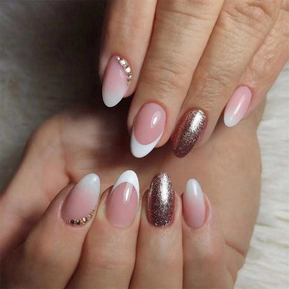 Almond shape Rhinestones French Tip Glitter Nails