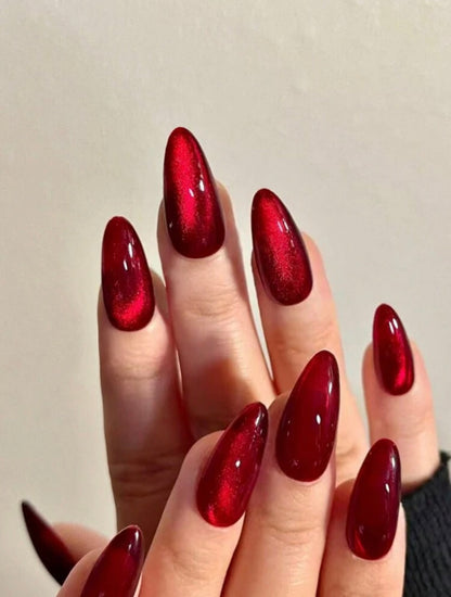 Blood Red Cat-Eye crystal Almond shape press on nails