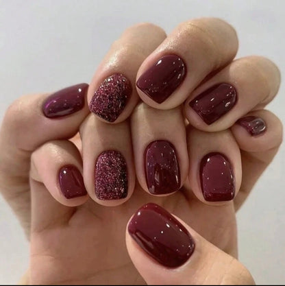 Short size wine red glitter press on nails.