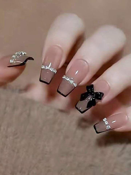 Long T-shaped Black French 3D Bow Press on Nails